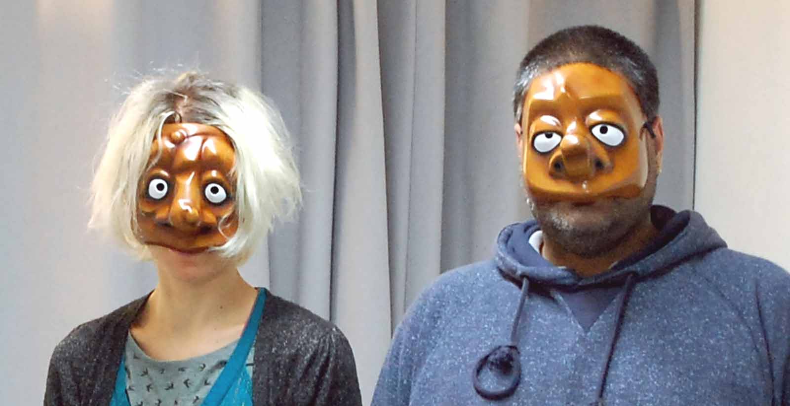 Imprology improvisational action mask workshop, London 2016, man and women in ugly masks